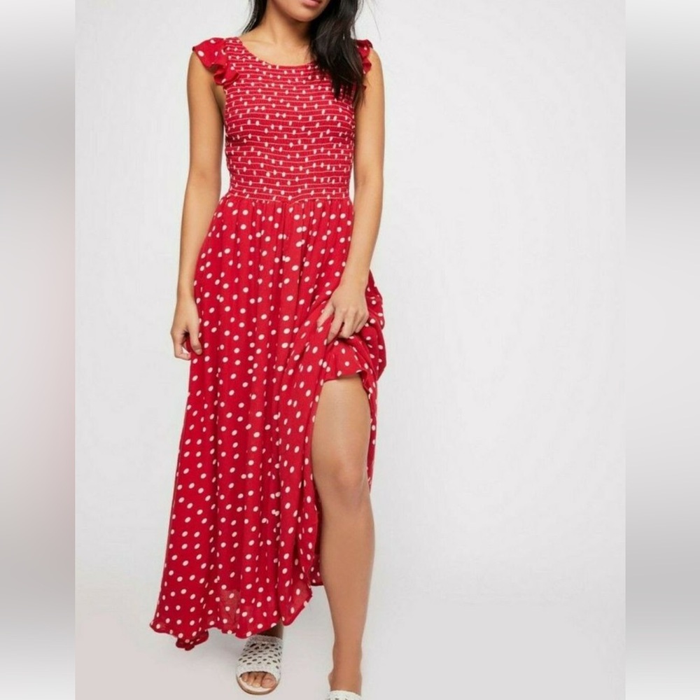 Free People Red Polka-Dot Cotton Midi Dress